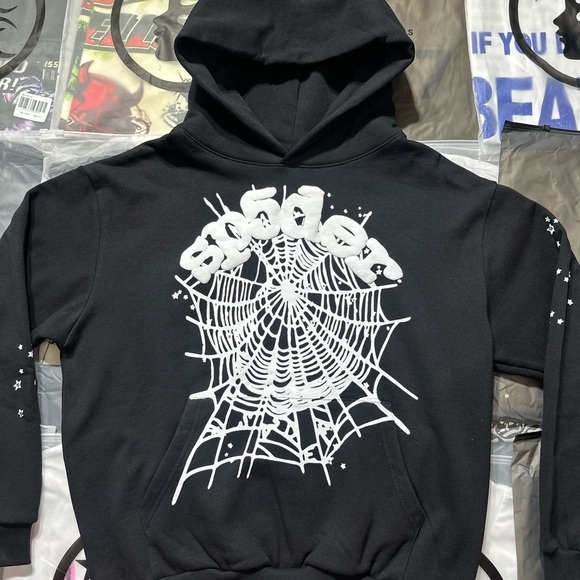 Sp5der Women Chic Black Hoodie with Web Graphic - Picture 3 of 6
